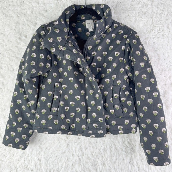 Maeve Jackets & Blazers - Maeve Womens XXS Daisy Print Puffer Jacket Collared Zip Up Black Pink Green
